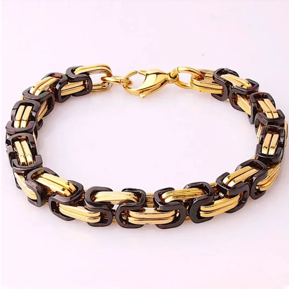 STAINLESS STEEL BYZANTINE MECHANIC SILVER BLACK BIKER BRACELET GOLD BLACK - Picture 2 of 7